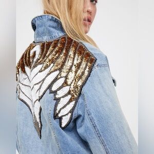 Free People Glam Embellished Denim Blue Jean Jacket (L) NEW